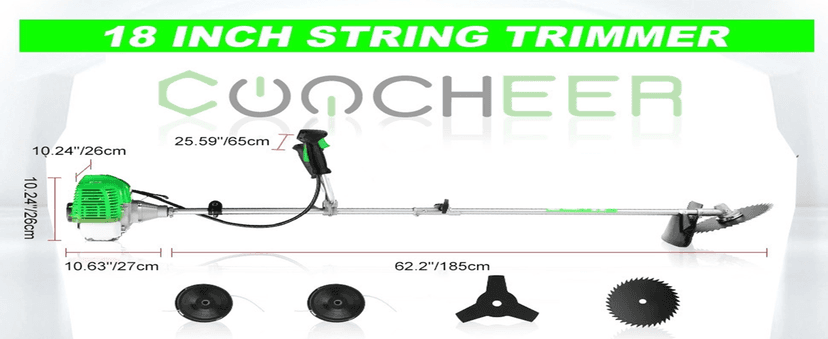 58CC Weed Wacker Brush Cutter, Gas Powered String Trimmer 4-in-1 Gas Weed Eater with 4 Detachable Heads Straight Shaft 2-Cycle for Weed, Brush(Green)