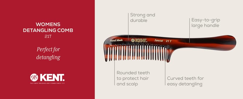 KENT 21T 8 Inch Large Hair Detangling Comb, Wide Teeth for Thick Curly Wavy Hair. Long Hair Detangler Comb For Wet and Dry. Handmade of Quality Cellulose, Saw-Cut Hand Polished, Made in England