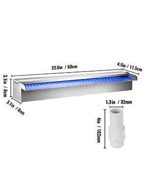 VEVOR Pool Fountain Stainless Steel, Pool Waterfall 23.6" x 4.5" x 3.1"(W x D x H) with LED Strip Light, Waterfall Spillway Rectangular Garden Outdoor