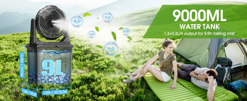 Ausic 9L Bucket Portable Misting Fan for Outdoors Patios, 20000mAh Rechargeable Battery Operated Camping Fan, 3 Strong Winds, 3 Large Spray Outlets, for Fishing/Travel/Garden Party/Golf/Tent/Office