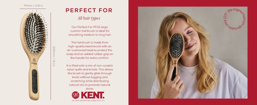 KENT PF01 Large Cushion Detangler Brush, Boar Bristle and Non-Scratch Nylon Mix Hairbrush for Straightening Smoothing. Oval Wood Paddle Detangling Hair Brush for Medium to Long Hair, Made in England