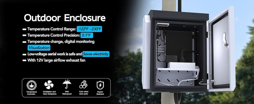 Outdoor Electrical Box with Thermostat and Fan, Precise Temperature Control 0.1°F, IP65 Water Resistant Rating, Galvanized Steel, Aluminum Rear Beam(15.7"x12.6"x9.6")