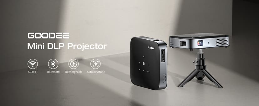 GooDee WiFi Bluetooth Mini Projector - 4K DLP Projector 1080P Support Pocket Pico Movie Projector with Tripod, Outdoor Video Portable Rechargeable Battery Short Throw for iPhone/Android