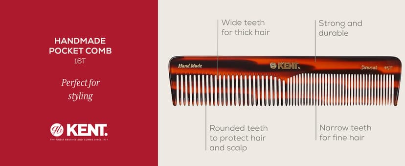 KENT 16T Fine Tooth and Wide Tooth Comb for Daily Grooming, Handmade Styling Comb for All Hair Types, Styling and Detangling Combs for Men and Women