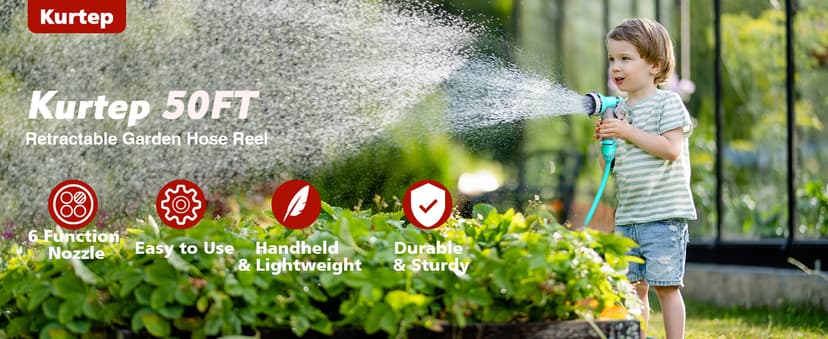 50FT Retractable Garden Hose Reel, Lightweight & Portable Hose Reel with 6 Patterns Spray Nozzle, Suitable for US Standard Hose Connection, Great for Patio Watering
