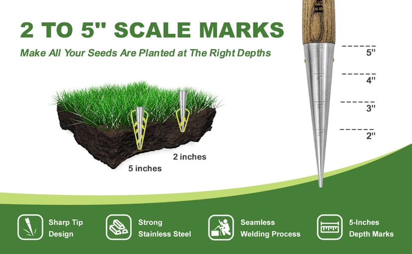 2024 New Upgrade Hand Dibber with 5 inches Measuring Scale, Easy to Grip L-Shaped Wood Handle Dibbler, Stamped Stainless Steel Tip Seed Dibber, 11.3'' Dibber for Sowing Seeds and Planting Seedlings
