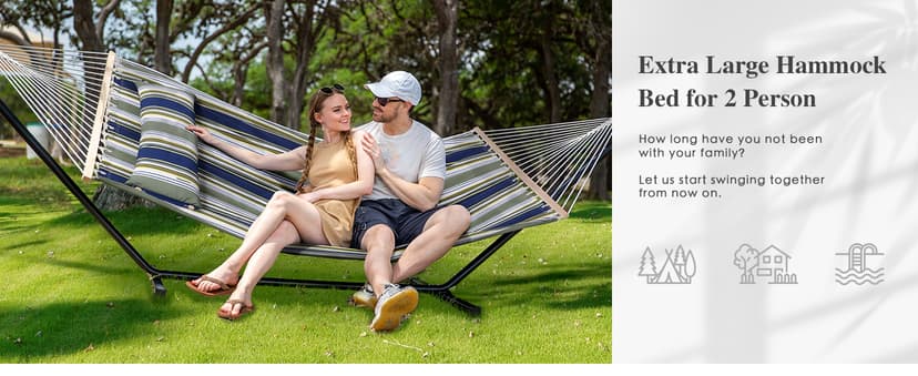 SUNCREAT Double Hammock, Extra Large Quilted Fabric Swing with Hardwood Spreader Bars & Detachable Pillow, Heavy Duty, Perfect for Indoor/Outdoor Patio, Deck, Yard, Blue&Aqua