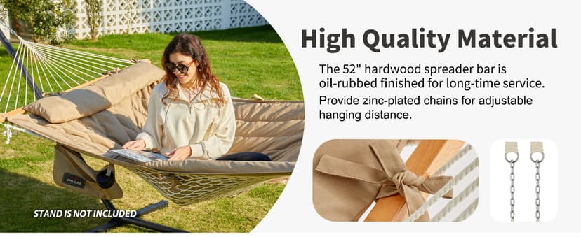 Outdoor Double Hammock with Hardwood Spreader Bars, Cotton Rope Hammock with Polyester Pad and Pillow, 475 LBS Capacity 2 Person Hammock, Large Hammock for Patio Backyard Poolside - Terracotta