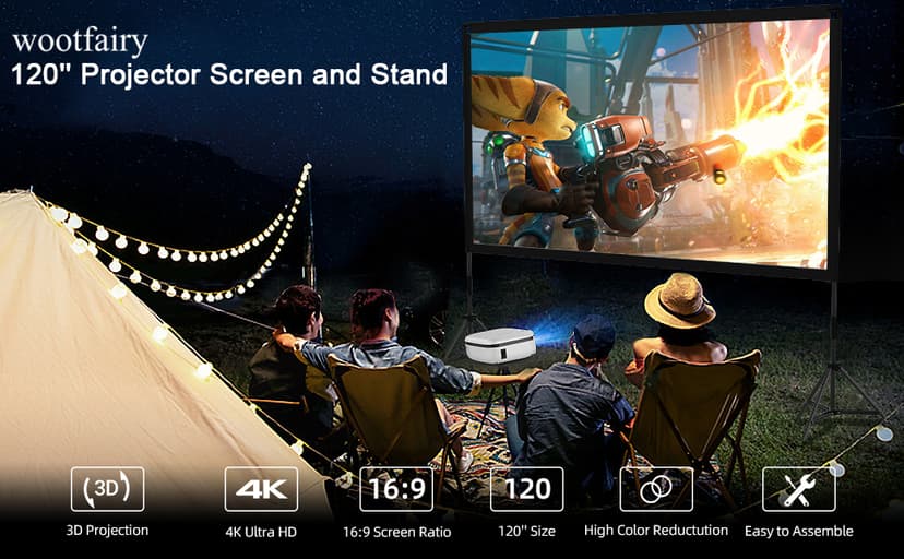 Projector Screen with Stand, Wootfairy 120 inch Portable and Foldable Indoor Outdoor Projection Screen 16:9 4K HD Rear Front Wrinkle-Free Movie Screen with Carry Bag for Home Theater Backyard Cinema