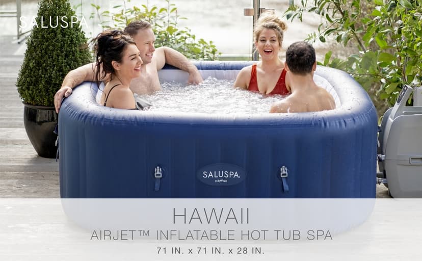 Bestway SaluSpa Hawaii AirJet 2 to 6 Person Square Inflatable Hot Tub Portable Outdoor Spa with 140 Soothing AirJetsr, Blue