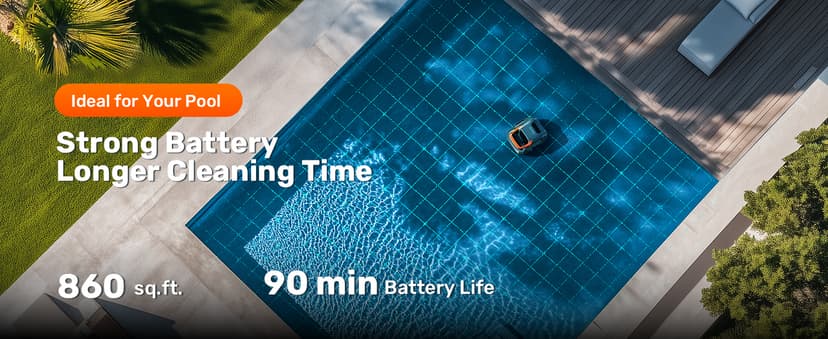 Cordless Robotic Pool Cleaner, Lasts 90 Min, Automatic Vacuum for Above-Ground Pools up to 860 Sq.ft, Portable, Self-Parking, Orange