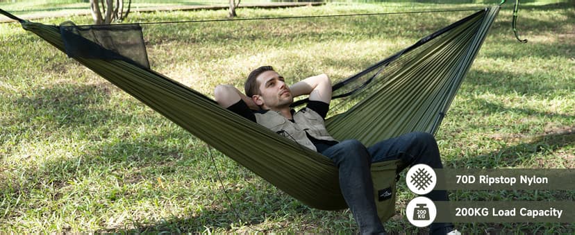 Camping Hammock with Mosquito Net and Ridge Rope, Extra Large for 2 Person, Lightweight Hanging Hammocks Tree Straps, All-in-one Fast Open Hammock for Outside, Hiking, and Travel