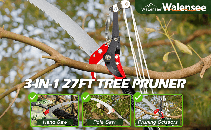 Walensee Pole Saws for Tree Trimming,7.2-27FT Extendable Tree Pruner,Manual Branch Timmer with Blade and Scissors High Branches Pruning Fiberglass Pole Pruner and Cutter Garden Tool with Storage Bag