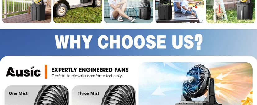 Ausic Portable Misting Fan - 9L Bucket, 10-inch Outdoor Fans for Patios/Camping/Beach/Golf etc., 20000mAh USB Rechargeable Battery Powered Floor Water Cooling Fan, 3 Strong Winds, 3 Spray Mister