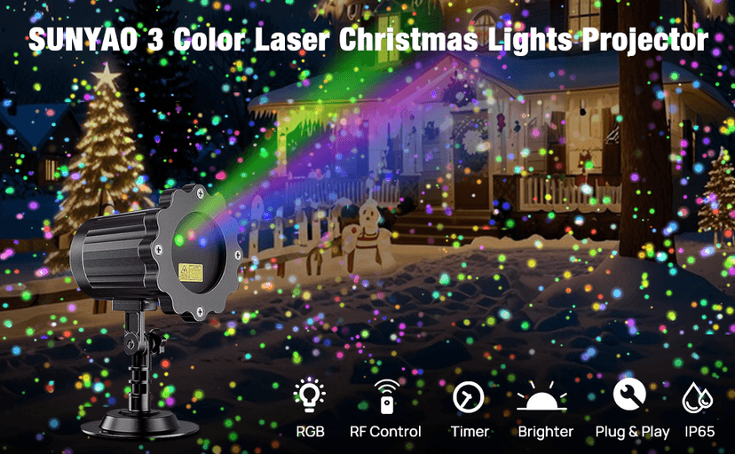 Laser Outdoor Moving RGB Christmas Projector Light - 3 Color Motion Firefly Decorative Lights Show for Halloween, Christmas, Holiday, Garden, Patio