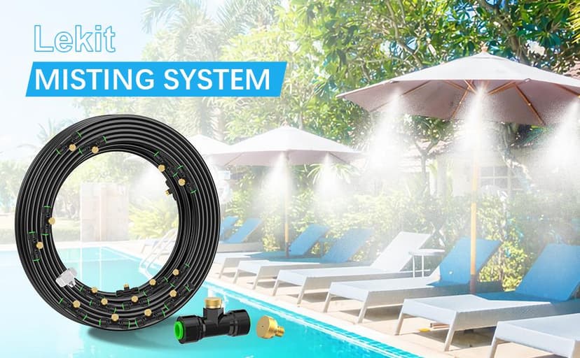 Misters for Outside Patio 63FT(19.2M)+21 Brass Mist Nozzles+a Brass Adapter(3/4") Detachable outdoor misting cooling system for Garden, waterpark, Greenhouse, Backyard, Fan, Umbrella, Deck, Canopy