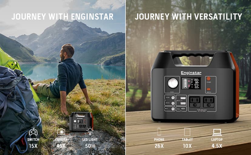 EnginStar Portable Power Station 300W 296Wh Battery Bank with 110V Pure Sine Wave AC Outlet for Outdoors Camping Hunting and Emergency, 80000mAh Backup Battery Power Supply for CPAP