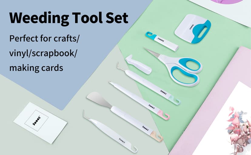 Sooez Weeding Tools for Vinyl, 6PCS Basic Tools Set for Cricut, Precision Craft Vinyl Tool Kit, Scoring Stylus/Weeder/, Scraper/Spatula/Tweezers/Scissors for Vinyl,Paper & Iron-on Projects,Mint Green