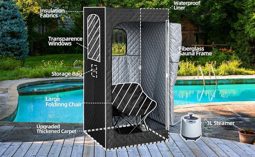 Portable Sauna for Home, Sauna Box with 2.6L Steamer, Personal Sauna with Big Sauna Chair, Remote Control, Oxford Fabric, 2.6’ x 2.6’ x 5.9’, Black, 1000W