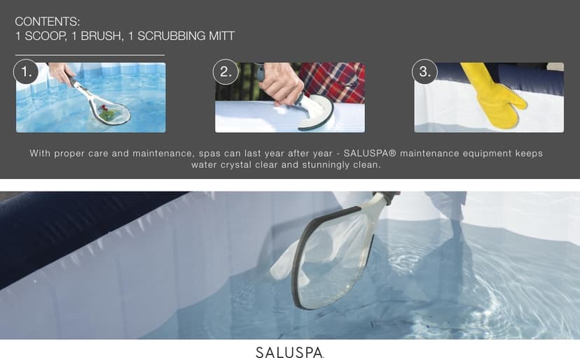 Bestway SaluSpa All-in-One 3 Piece Maintenance Cleaning Tool Accessory Set with Scrub Brush, Mitt, and Skimmer Net for Hot Tub and Spa