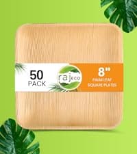 Raj Eco Compostable Palm Leaf Plates Like Bamboo Plates Disposable - 8 Inch Square 50 party plates, Natural wooden, Eco-Friendly, fancy Biodegradable & Disposable Dessert appetizer Plates