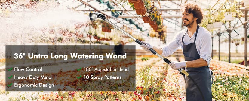 RESTMO 36” Long Watering Wand, Metal Garden Hose Wand with 180° Swivel Head and 10 Spray Patterns, 3ft Heavy Duty Hose Nozzle Sprayer with Thumb Flow Control, Ideal to Water Hanging Baskets, Shrubs