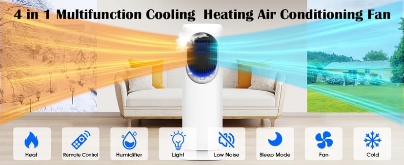 4 IN1 Evaporative Air Cooler, Swamp Cooler with 4L Water Tank, Tower Fan with Humidification, Fan and Heater Combo, 120°Oscillating, Remote, 12H Timer, 2 Ice Packs (Panel-Crescent)
