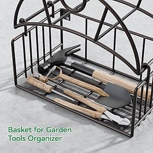 Lamir Heavy Duty Metal Garden Hose Reel with Tool Storage Basket, Wall Mount for Outer Yards and Garden Lawns