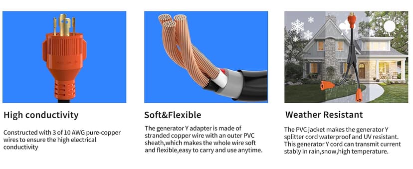 30 Amp to 15 Amp Generator Y Splitter Adapter Cord,NEMA L14-30P to 2x5-15R 4 Prong Pure Copper Heavy Duty Twist Lock Male Plug 10 Gauge Wire for Portable Generators