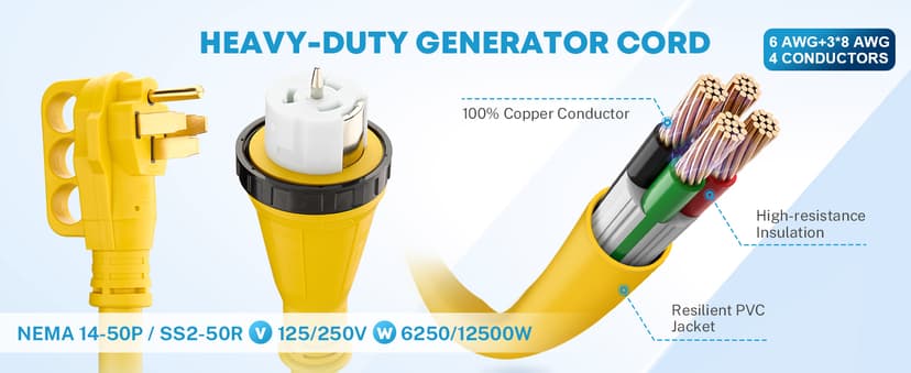 Kohree 50 Amp Generator Cord and Pre-drilled Power Inlet Box, 20FT 4 Prong NEMA 14-50P to SS2-50R 10 Gauge Generator Extension Cord, SS2-50P Power Inlet Box Kit, 125/250V, 12500W with Cord Organizer