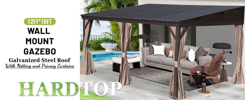 DOMI 12x16FT Lean to Gazebo, Outdoor Hardtop Wall Mounted Gazebo with Sloping Galvanized Steel Roof, Durable Aluminum Frame, Netting Curtain for Deck, Porch, Backyard