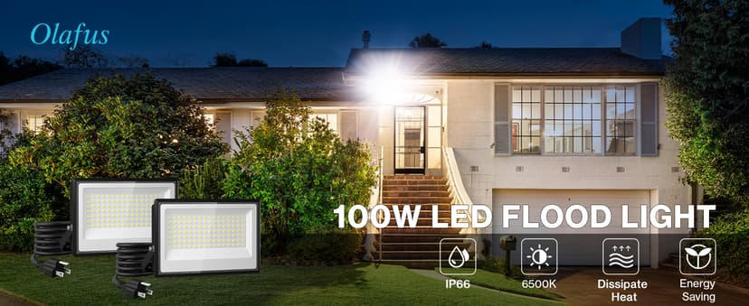 Olafus 2 Pack 100W LED Flood Light Outdoor, 9000lm LED Work Light with Plug, IP66 Waterproof Exterior Security Lights, 6500K Daylight White Outside Floodlights for Playground Yard Stadium Lawn