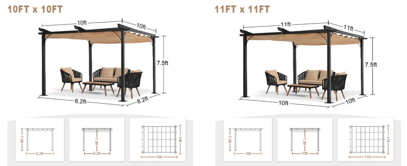 ABCCANOPY Patio Pergola 11x11 - Outdoor Sun Shade Canopy with Retractable Roof for Garden Porch Backyard (Gray)