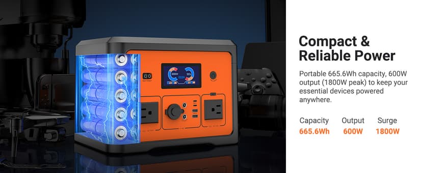 Portable Power Station 665.6Wh, Peak 1800W Solar Generator with UPS Battery Backup & Surge Protector, Portable Generator for Home Use, Camping, RV, CPAP, 10 Outlets with Bluetooth Speaker & LED Lights