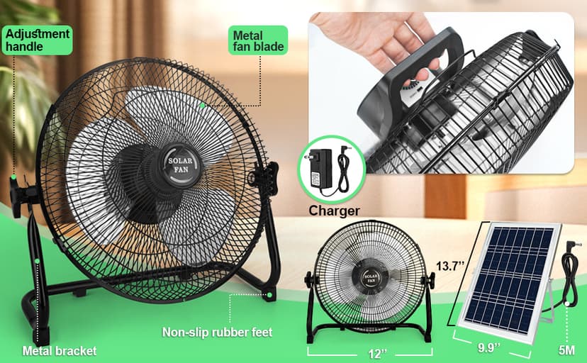 12'' Solar Powered Fan with 20W Solar Panel, Portable Battery Operated Cordless Outdoor Fan for Camping, Home, Patio, Worksite - Stepless Speed, Metal Construction and Aluminum Blades