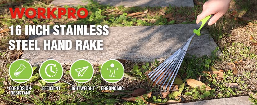 WORKPRO 16" Hand Rake, Heavy Duty Stainless Steel Garden Rake with Soft Handle, Small Garden Hand Tool for Gardening, Cultivating, Loosening Soil & Spreading Mulch, Flower Beds