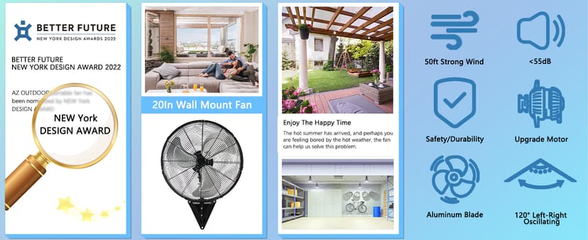 20” Wall Mount Fan 7000 CFM High Velocity Wall Industrial Fan 120° Oscillating Fans 3-Speed for Household, Commercial Use - ETL Listed, Black