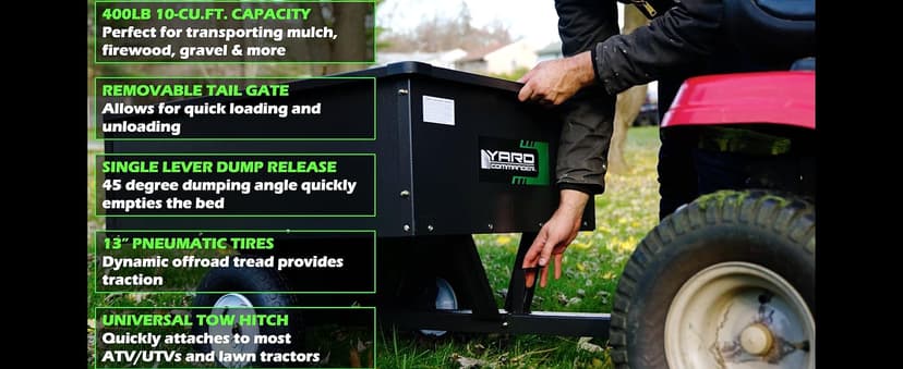 Yard Commander - 400LB Heavy Duty Tow Behind ATV Trailer Steel Dump Cart - 10-Cubic Feet Capacity - Garden Utility Trailer - Trailers with Removable Tailgate for Riding Lawn Mower Tractor