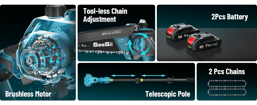 Seesii PS620 2-in-1 Electric Pole Saws: 6 Inch Mini Chainsaw Cordless with Extension Pole, 2Pcs Batteries, Brushless Chain Saw for Limb Branch Cutter, Battery Tree Trimmers Pruner,16Ft Long Reach