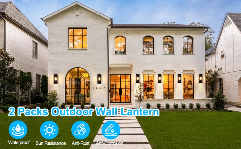 2-Pack Outdoor Wall Lanterns, Exterior Waterproof Wall Sconce with Glass Shades, Matte Black Porch Lights Wall Mounted, Anti-Rust E26 Modern Wall Lighting Fixtures for Patio Garage Entryway Front Door