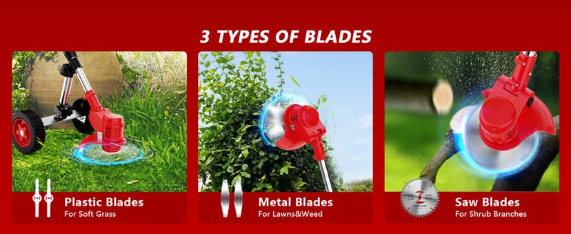 Electric Weed Wacker Cordless with Wheels,21V 2×2000mAh Weed Eater Battery Powered, 6-inch Cordless String Trimmer with 3 Types of Blades, Electric Grass Trimmer,Lawn Edger, Mower for Yard,Garden