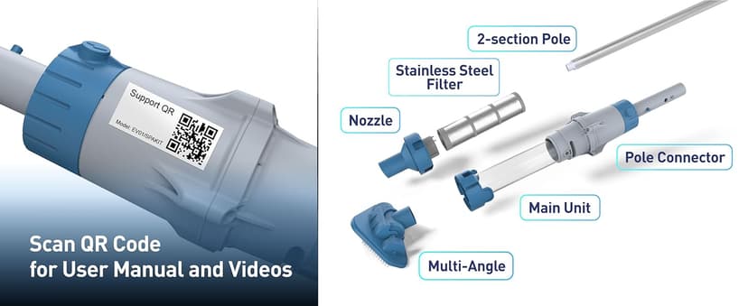 KOKIDO 5-in-1 Rechargeable Spa Vacuum Cleaner Set with 3 Hand Tools, IPX8 Safe for Warm/Cold Water, Portable, Light Duty Cleaning for Inflatable Spas, Hot Tubs, Jet Tubs, Debris & Sand Cleaning XV100