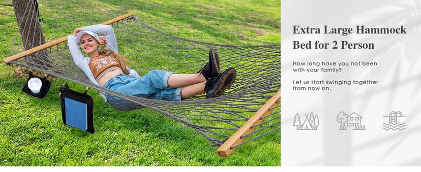 SUNCREAT Double Outdoor Hammock, Polyester Rope Hammock with Strong Spreader bar, Gray