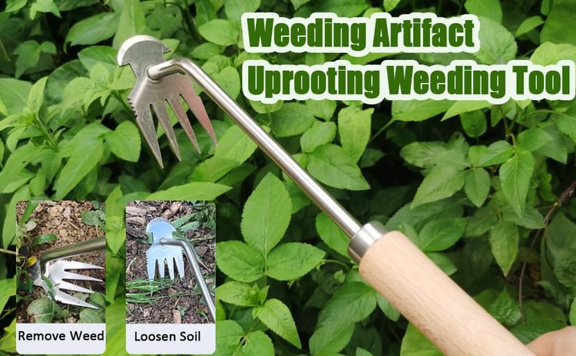 Weeding Artifact Uprooting Weeding Tool, Garden Weeding Tools Hand Weeder Tool, Stainless Steel Weed Puller 4 Teethes Dual Purpose Weeder, Multifunctional Weeder Manual Weed Remover Tool (Wood-12inch)