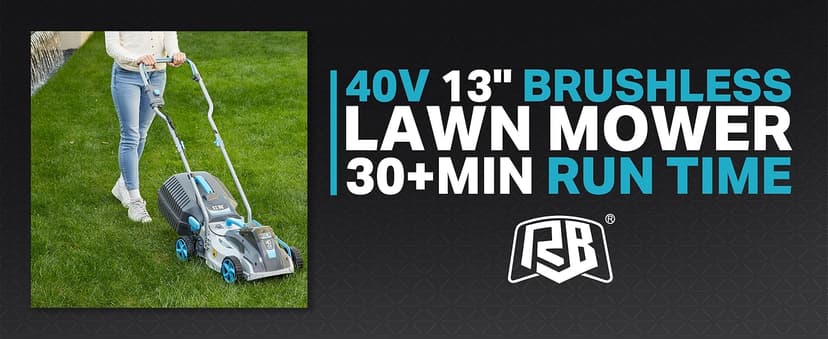 RB 40V 13-Inch Brushless Cordless Lawn Mower with 4.0Ah Lithium Battery & Fast Charger, 2-in-1 Lightweight Mower for Small Yards, Foldable Handle, 5 Cutting Height Adjustments