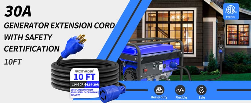 4 Prong 30 Amp 10 Foot Generator Extension Cord, NEMA L14-30P/L14-30R, 125/250V Up to 7500W 10 Gauge SJTW Generator Cord, ETL Listed