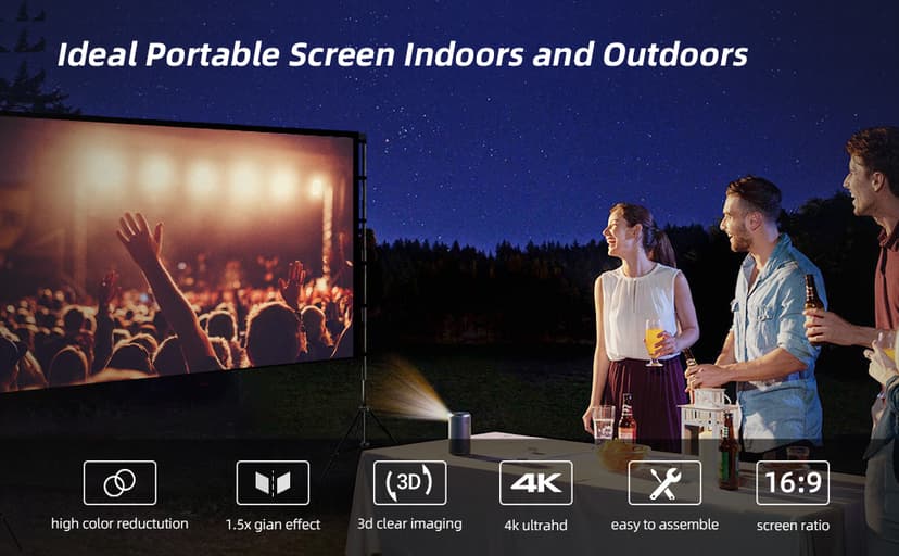 Projector Screen and Stand, Towond 120 inch Portable Projector Screen Indoor Outdoor Movie Screen 16:9 4K HD Wrinkle-Free Lightweight Projection Screen with Carry Bag for Backyard Movie Night