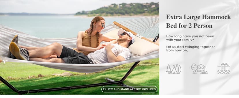 SUNCREAT Hammocks 14 FT Quick Dry Hammock Double Size with Spreader Bar, 2 Person Hammock for Outdoor Patio Yard Poolside, 450 lbs Capacity, Light Gray Stripes