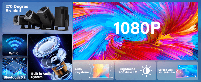 Projector 1080P Full HD, 4K Projector with 180° Rotation, Built-in App Portable Projector WiFi 6 & Bluetooth 5.2 Support,Featuring Auto Keystone Correction,HDMI/USB Connectivity Projector Black