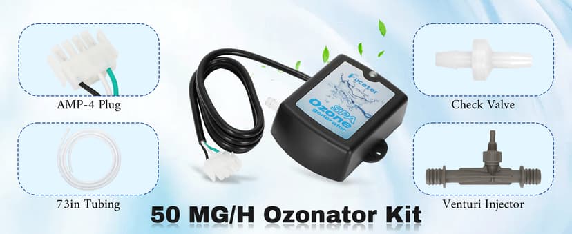 Spa Ozone Generator Kit with Venturi Injector, Ozone Generator for Hot Tub, Cold Plunge, 50mg/h Portable Ozone Generator Water, Universal: 110V / 240V (AMP-4 Plug)